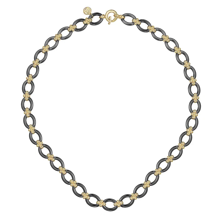 14K Yellow Gold Black Ceramic Oval Link Chain Necklace with Bujukan Connectors