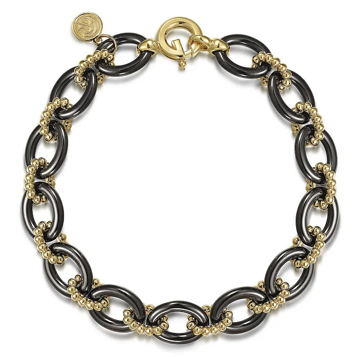 14K Yellow Gold Bujukan and Black Oval Ceramic Link Bracelet