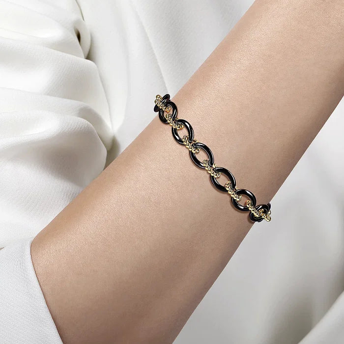 14K Yellow Gold Bujukan and Black Oval Ceramic Link Bracelet