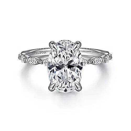 14K White Gold Oval Hidden Halo Double Prong Diamond Engagement Ring