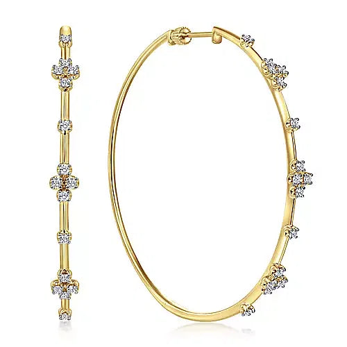 14K Yellow Gold 60mm Round Classic Diamond Hoop Earrings