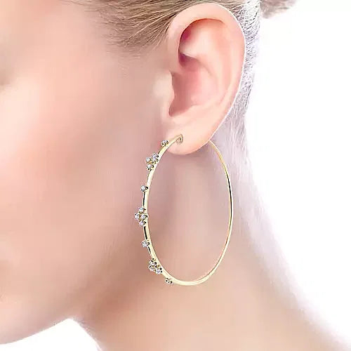 14K Yellow Gold 60mm Round Classic Diamond Hoop Earrings