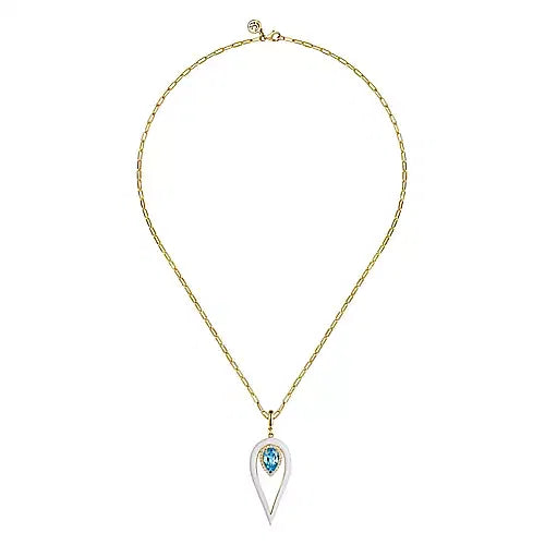 14K Yellow Gold Diamond and Blue Topaz Long Pear Shape Drop Necklace With White Enamel