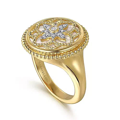 14K Yellow Gold Diamonds and White Mother of Pearl Bujukan Signet Ring