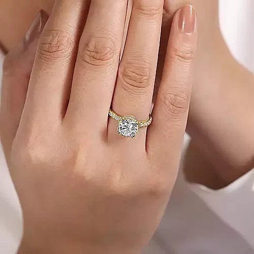 14K Yellow Gold Hidden Halo Round Diamond Engagement Ring