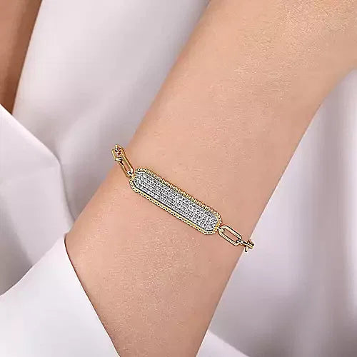 14K Yellow Gold Hollow Paperclip Chain Diamond Pave ID Bracelet