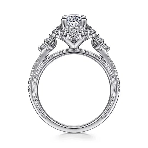 Vintage Inspired 14K White Gold Fancy Halo Oval Diamond Engagement Ring