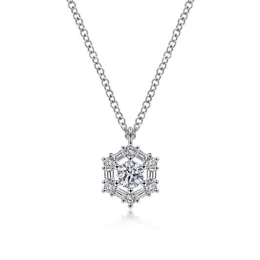 14K White Gold Round Diamond Pendant Necklace with Baguette and Round Hexagonal Halo