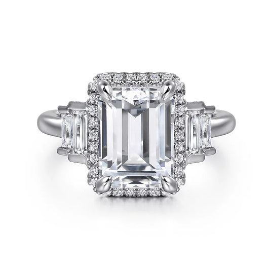 3.57 Carats 18K White Gold Emerald Cut Halo Five Stone Diamond Engagement Ring