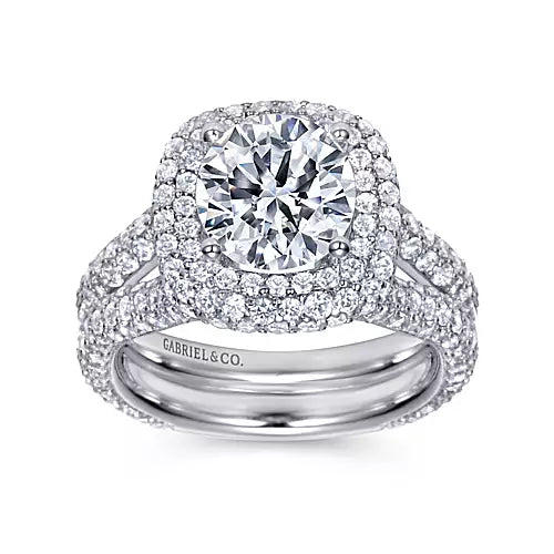 14K White Gold Round 2.48 Carats Double Halo Diamond Engagement Ring