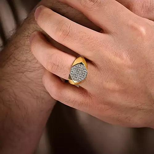 Wide 14K Yellow Gold Faceted Signet Ring with Pave Diamonds in High Polished Finish
