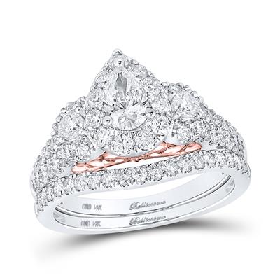 14K TWO-TONE GOLD PEAR DIAMOND HALO BRIDAL WEDDING RING SET 1-1/2 CTTW (CERTIFIED)