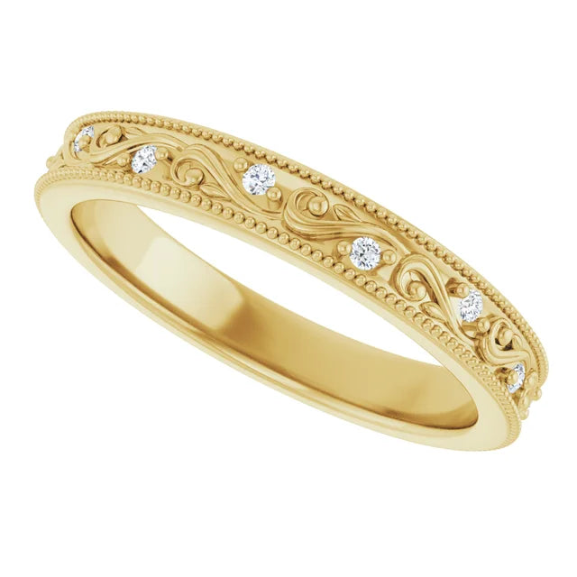 14k Yellow Gold Milgrain Floral Diamond Band Size 7