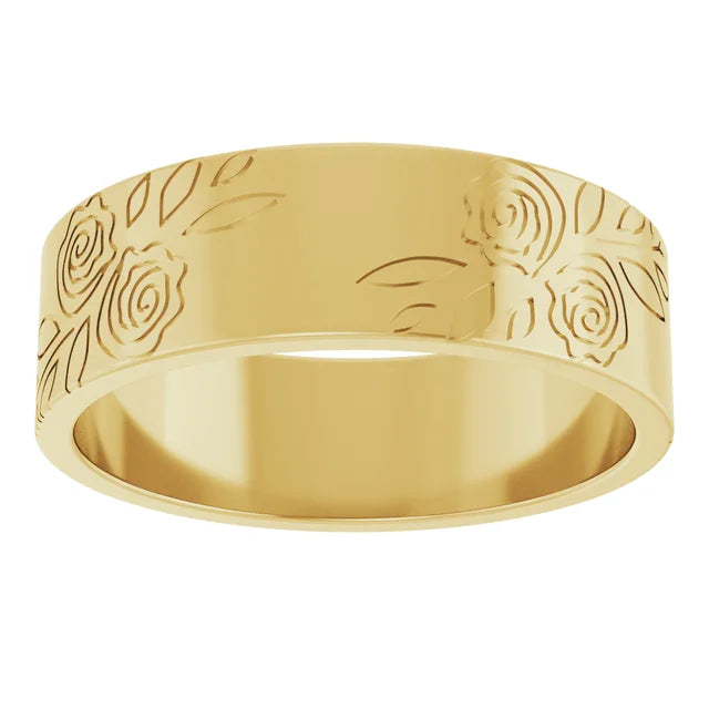 14K Yellow Gold 6 mm Floral Flat Band Size 8