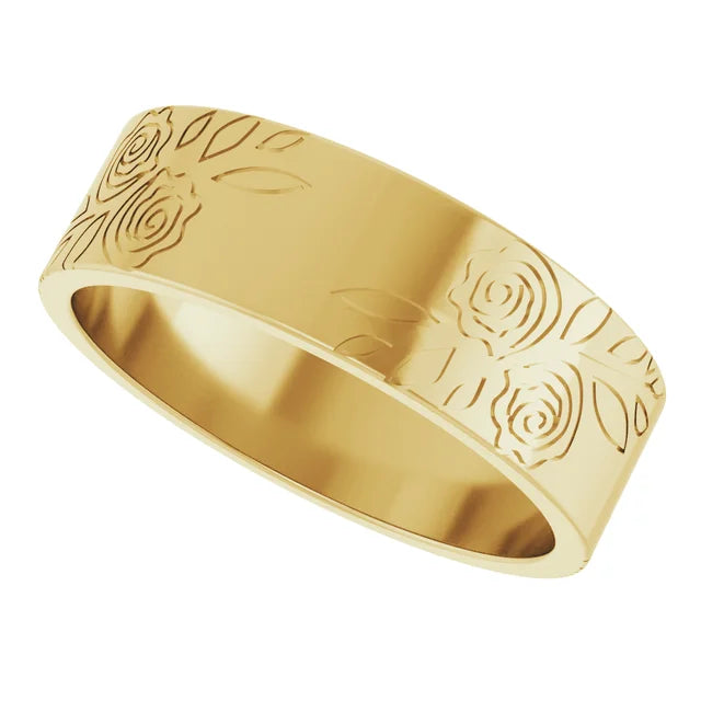 14K Yellow Gold 6 mm Floral Flat Band Size 8