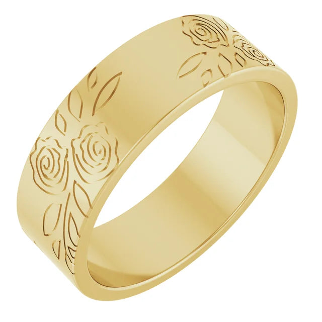 14K Yellow Gold 6 mm Floral Flat Band Size 8