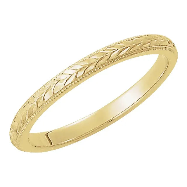 14K Yellow 2mm Milgrain Hand-Engraved Wheat Pattern Flat Band