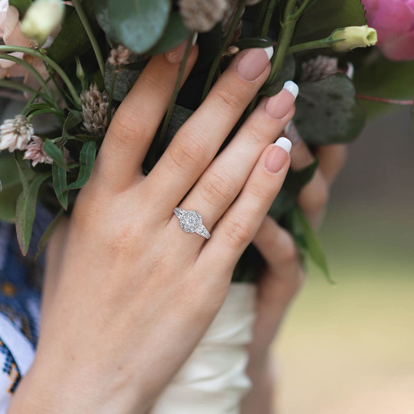 1 Ctw Round and Baguette Diamond Lovebright Engagement Ring in 14K White Gold