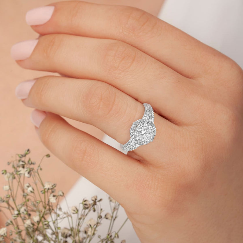 1 Ctw Round and Baguette Diamond Lovebright Engagement Ring in 14K White Gold