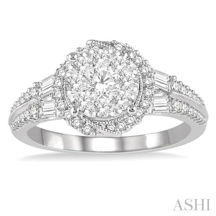 1 Ctw Round and Baguette Diamond Lovebright Engagement Ring in 14K White Gold