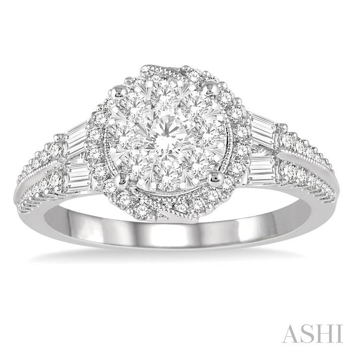 1 Ctw Round and Baguette Diamond Lovebright Engagement Ring in 14K White Gold