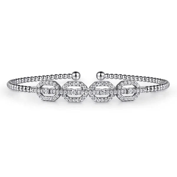 14K White Gold Bujukan Bead Cuff Bracelet with Diamond Pave Links
