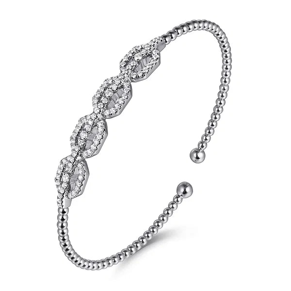 14K White Gold Bujukan Bead Cuff Bracelet with Diamond Pave Links