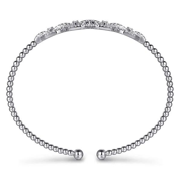 14K White Gold Bujukan Bead Cuff Bracelet with Diamond Pave Links