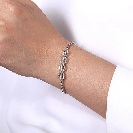 14K White Gold Bujukan Bead Cuff Bracelet with Diamond Pave Links