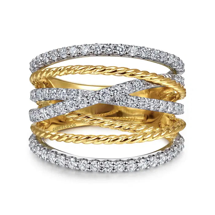 14K White-Yellow Gold Twisted Rope and Diamond Multi Row Ring