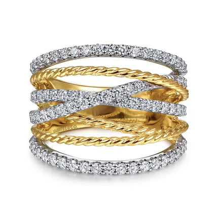 14K White-Yellow Gold Twisted Rope and Diamond Multi Row Ring