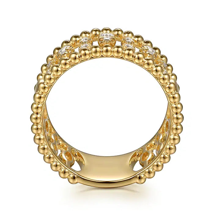 14K Yellow Gold Diamond and Bujukan Beads Wide Band Ring