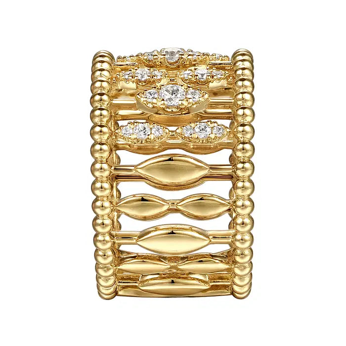 14K Yellow Gold Diamond and Bujukan Beads Wide Band Ring