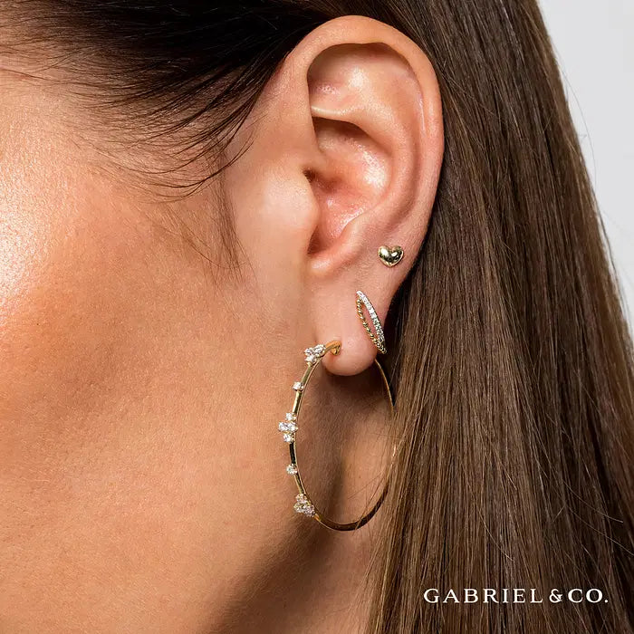 14K Yellow Gold Prong Set 40mm Round Classic Diamond Hoop Earrings