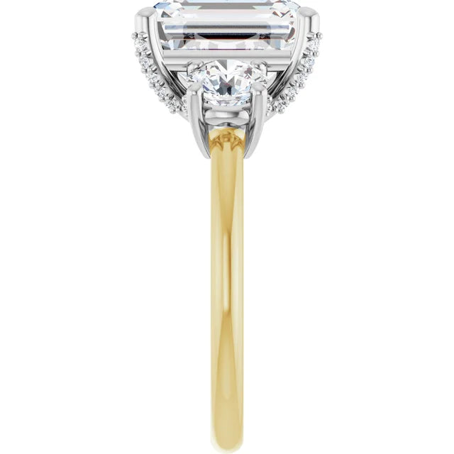 Custom 4 Carat Emerald Cut Lab Grown Three Stone Engagement Ring | 14K Two Tone Gold