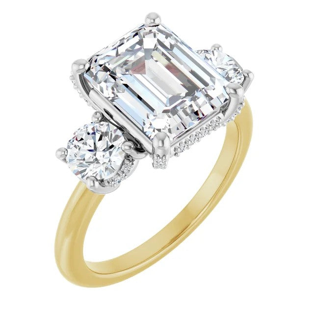 Custom 4 Carat Emerald Cut Lab Grown Three Stone Engagement Ring | 14K Two Tone Gold