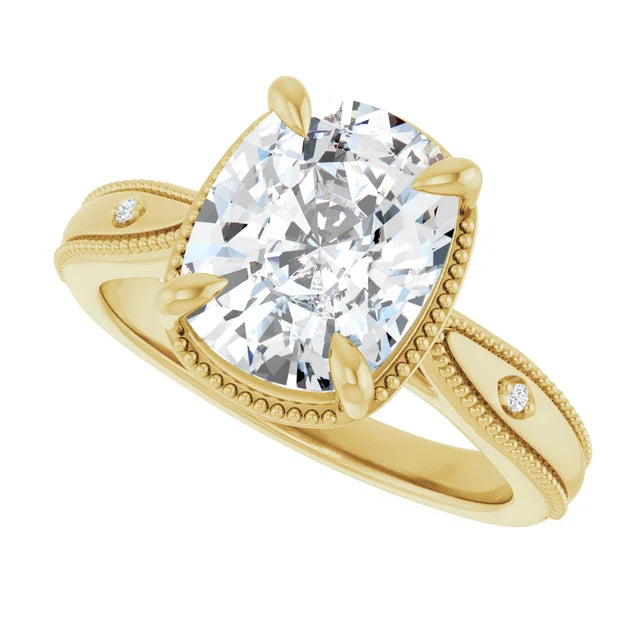 3 Carat Elongated Cushion Cut Claw-Prong Accented Milgrain Engagement Ring