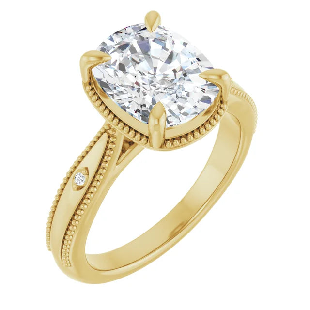 3 Carat Elongated Cushion Cut Claw-Prong Accented Milgrain Engagement Ring
