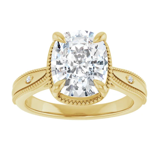 3 Carat Elongated Cushion Cut Claw-Prong Accented Milgrain Engagement Ring