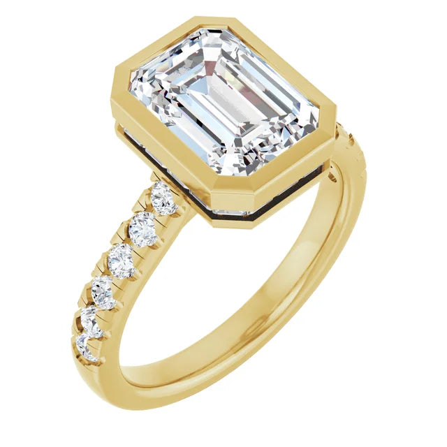 3 Carat Emerald Cut Bezel Set Lab Grown Diamond Engagement Ring with Hidden Baguette Halo in 14K Yellow Gold