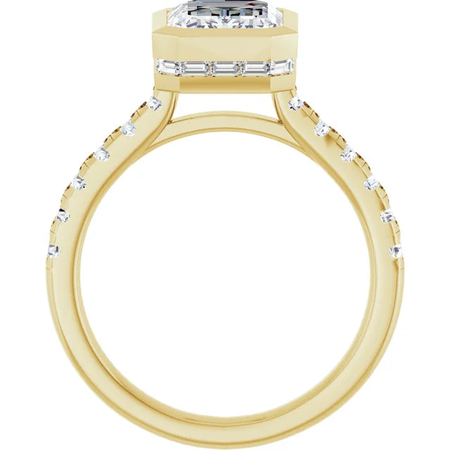 3 Carat Emerald Cut Bezel Set Lab Grown Diamond Engagement Ring with Hidden Baguette Halo in 14K Yellow Gold
