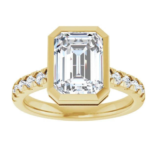 3 Carat Emerald Cut Bezel Set Lab Grown Diamond Engagement Ring with Hidden Baguette Halo in 14K Yellow Gold