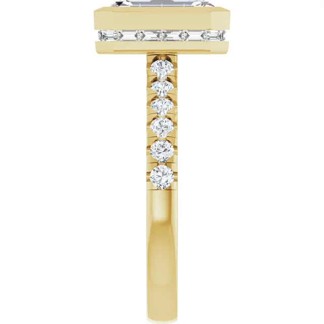 3 Carat Emerald Cut Bezel Set Lab Grown Diamond Engagement Ring with Hidden Baguette Halo in 14K Yellow Gold