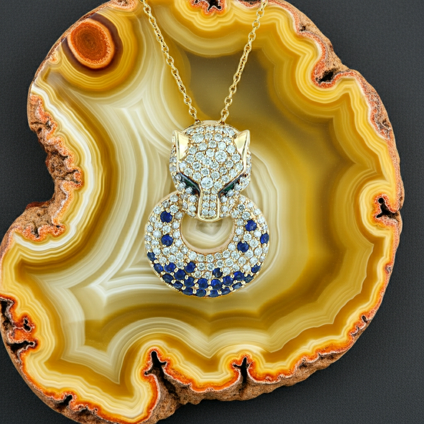 Vintage Inspired Pave Diamond Panther EFFY Drop Necklace with Emerald Eyes in 14K