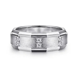 Modern Design 8mm Diamond Satin Finish Mens Ring in 14K Gold