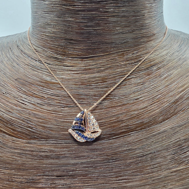 Playful Design LeVian Sailboat Sapphire Pendant with Nude Diamonds in 14K Strawberry Gold
