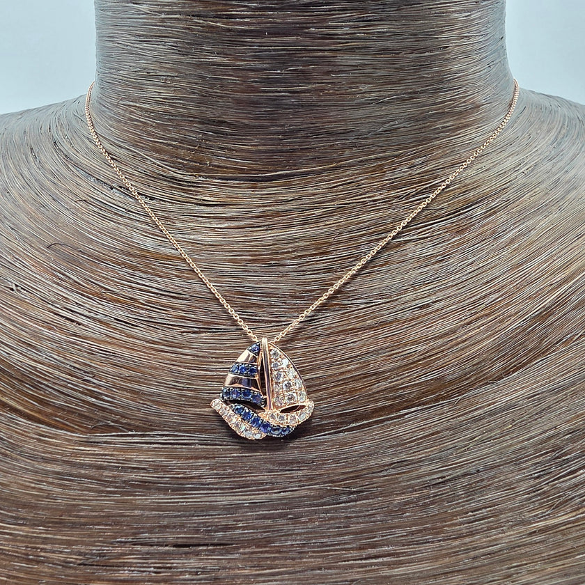 Playful Design LeVian Sailboat Sapphire Pendant with Nude Diamonds in 14K Strawberry Gold