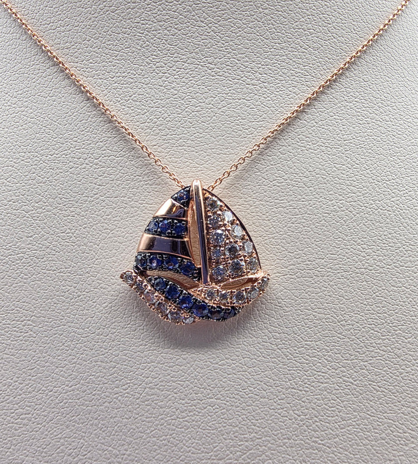 Playful Design LeVian Sailboat Sapphire Pendant with Nude Diamonds in 14K Strawberry Gold