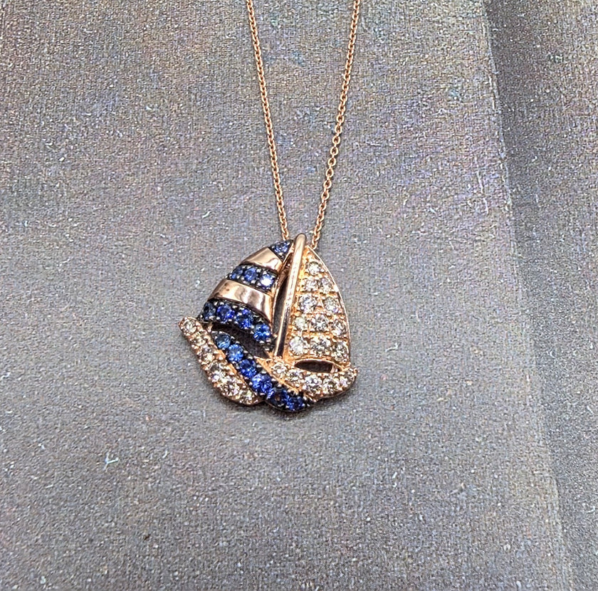 Playful Design LeVian Sailboat Sapphire Pendant with Nude Diamonds in 14K Strawberry Gold
