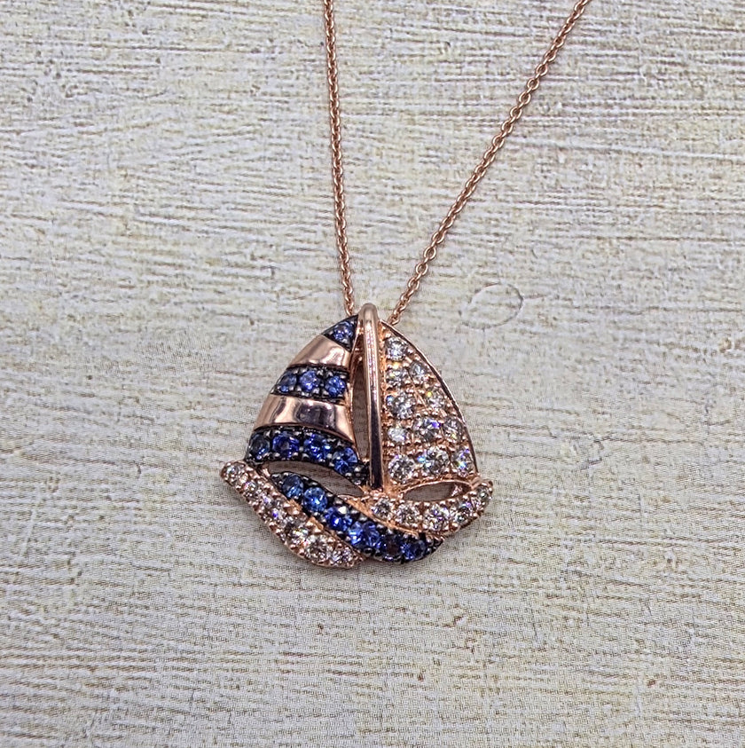 Playful Design LeVian Sailboat Sapphire Pendant with Nude Diamonds in 14K Strawberry Gold